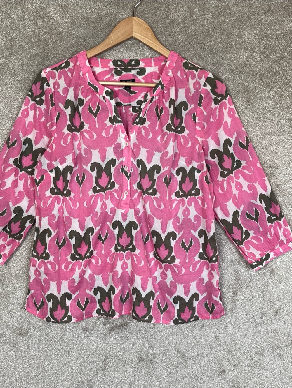 Talbots Blouse Womens Medium Petite Pink Cotton 3/4 Sleeve Button Top- 5158